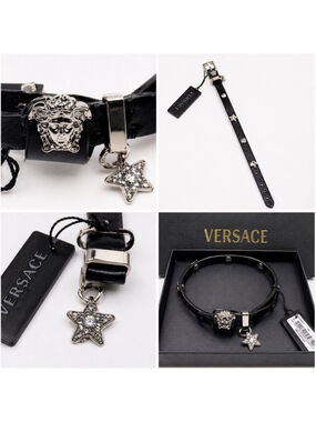 Versace Medusa Star Charm Leather Choker Bracelet Black Silver NWT